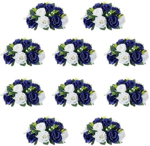 10Pcs Artificial Rose Balls for Centerpieces (Navy Blue & White) in 10"/ 26cm W x 5"/13cm H, Base Diameter