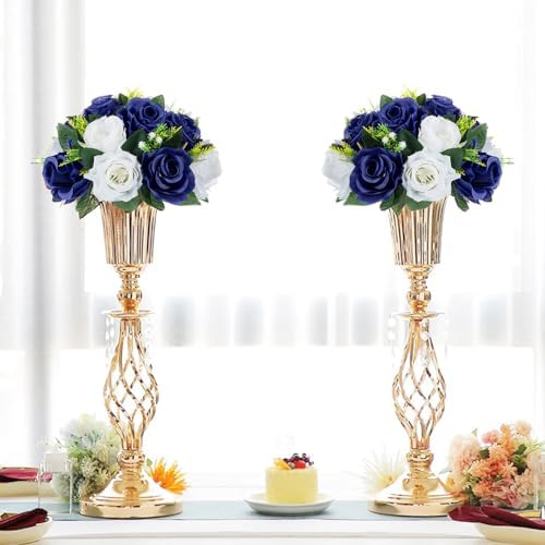 10Pcs Artificial Rose Balls for Centerpieces (Navy Blue & White) in 10"/ 26cm W x 5"/13cm H, Base Diameter, alternate view 2