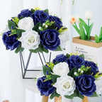 10Pcs Artificial Rose Balls for Centerpieces (Navy Blue & White) in 10"/ 26cm W x 5"/13cm H, Base Diameter, alternate view 4