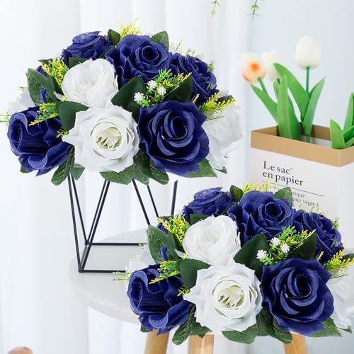 10Pcs Artificial Rose Balls for Centerpieces (Navy Blue & White) in 10"/ 26cm W x 5"/13cm H, Base Diameter, alternate view 4