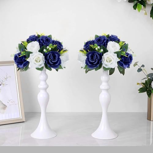 10Pcs Artificial Rose Balls for Centerpieces (Navy Blue & White) in 10"/ 26cm W x 5"/13cm H, Base Diameter, alternate view 6
