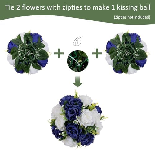 10Pcs Artificial Rose Balls for Centerpieces (Navy Blue & White) in 10"/ 26cm W x 5"/13cm H, Base Diameter, alternate view 7
