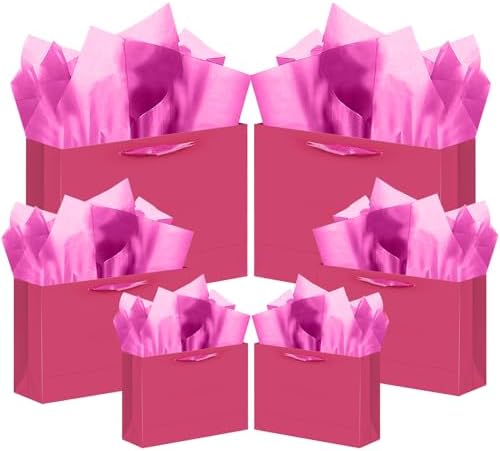 10PCS Bright Pink Gift Bags with Ribbon Handles Mulit Assorted Sizes Gift Wide Bags (2pcs Large 13", 4pcs Medium