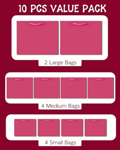 10PCS Bright Pink Gift Bags with Ribbon Handles Mulit Assorted Sizes Gift Wide Bags (2pcs Large 13", 4pcs Medium, alternate