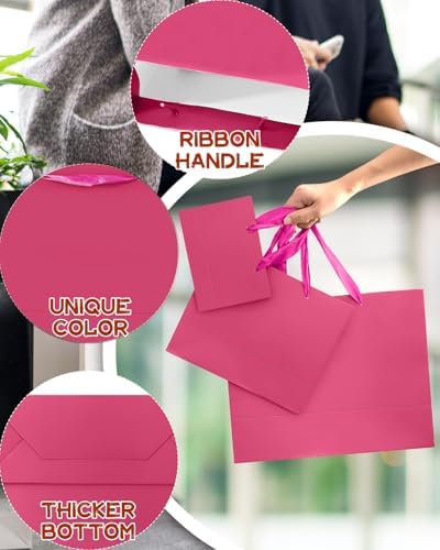 10PCS Bright Pink Gift Bags with Ribbon Handles Mulit Assorted Sizes Gift Wide Bags (2pcs Large 13", 4pcs Medium, alternate