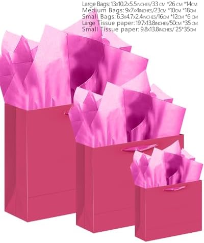 10PCS Bright Pink Gift Bags with Ribbon Handles Mulit Assorted Sizes Gift Wide Bags (2pcs Large 13", 4pcs Medium, alternate