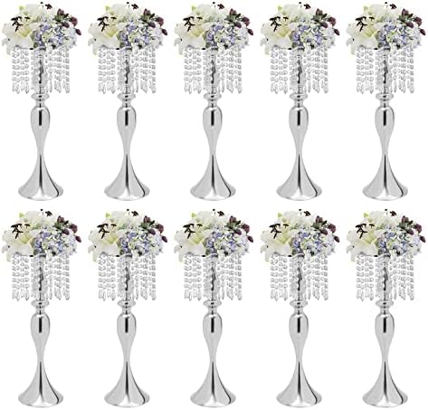 10Pcs Crystal Flower Stands for Centerpieces Gold Tall Vase(Silver, Large) in Large in Silver