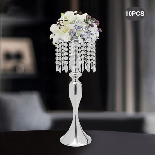 10Pcs Crystal Flower Stands for Centerpieces Gold Tall Vase(Silver, Large) in Large in Silver, alternate view 2