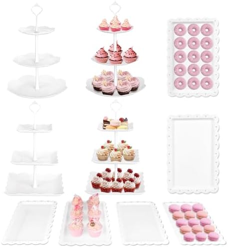 10Pcs Cupcake Stand, Dessert Table Display Set, 4 White 3 Tired Cake Stand 6 Plastic Serving Trays for Party