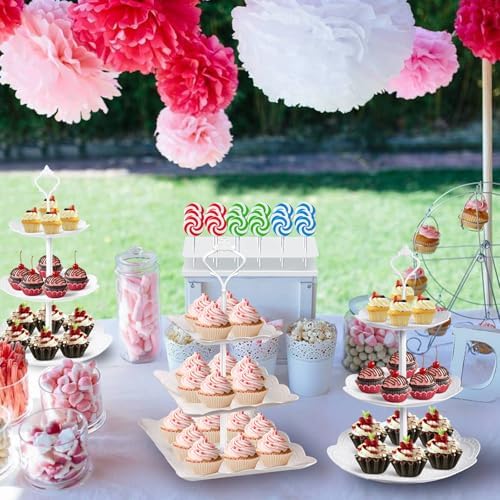 10Pcs Cupcake Stand, Dessert Table Display Set, 4 White 3 Tired Cake Stand 6 Plastic Serving Trays for Party, alternate view