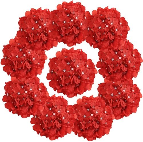 10PCS Hydrangea Artificial Flowers, Red Faux Flower