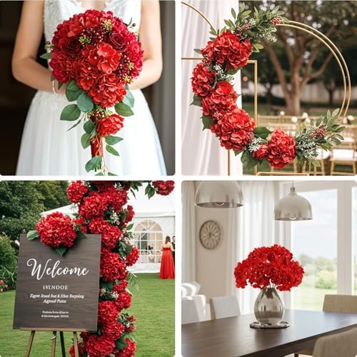 10PCS Hydrangea Artificial Flowers, Red Faux Flower, alternate view 7