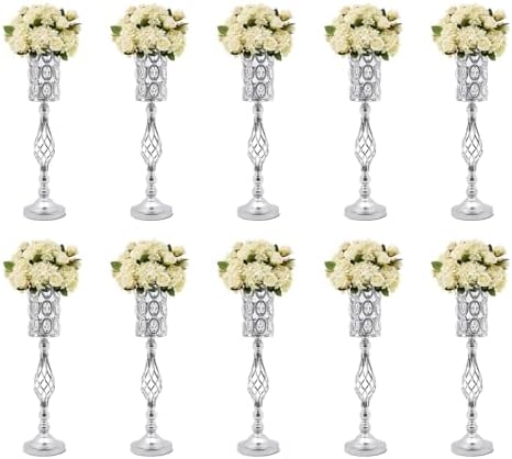 10Pcs Luxurious Silver Vases for Centerpieces, Wedding Centerpiece for Tables, 24.02in Iron Pedestal Stands