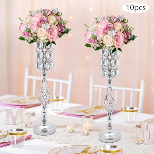 10Pcs Luxurious Silver Vases for Centerpieces, Wedding Centerpiece for Tables, 24.02in Iron Pedestal Stands, alternate view 2