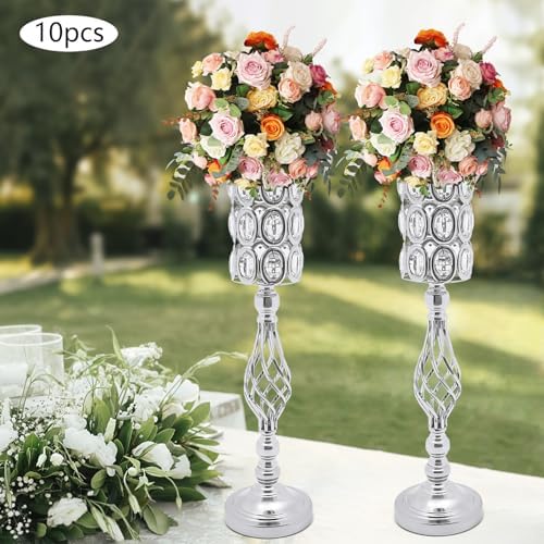 10Pcs Luxurious Silver Vases for Centerpieces, Wedding Centerpiece for Tables, 24.02in Iron Pedestal Stands, alternate view 5