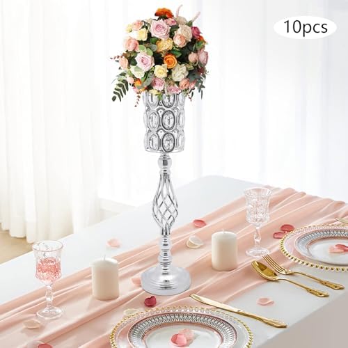10Pcs Luxurious Silver Vases for Centerpieces, Wedding Centerpiece for Tables, 24.02in Iron Pedestal Stands, alternate view 6