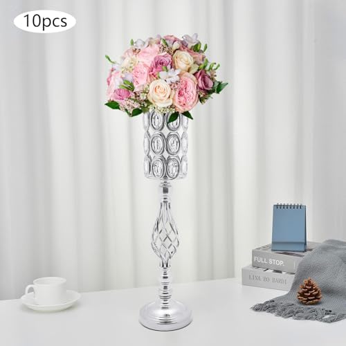 10Pcs Luxurious Silver Vases for Centerpieces, Wedding Centerpiece for Tables, 24.02in Iron Pedestal Stands, alternate view 7