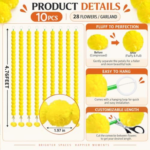 10pcs Marigold Garland, 5 Feet Artificial Marigold Flowers for Diwali Decor, alternate view 5