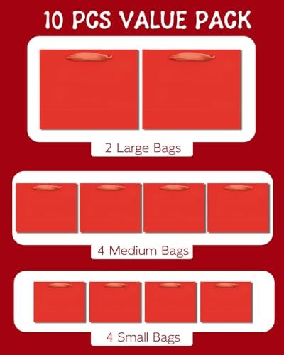 10PCS Red Gift Bags with Ribbon Handles Mulit Assorted Sizes Gift Wide Bags (2pcs Large 13", 4pcs Medium 9.6", alternate view