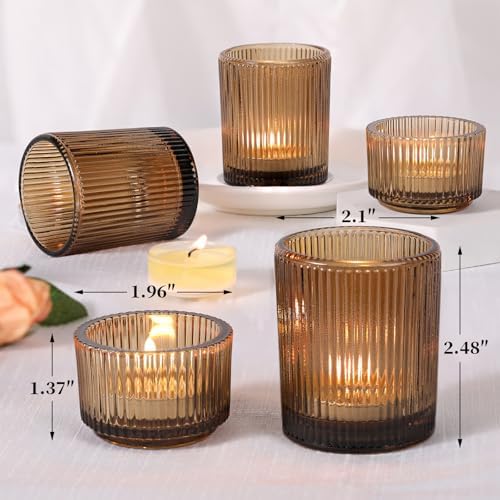 10pcs Ribbed Amber Votive Candle Holders, Assorted Glass Tea Light Candle Holders for Fall Decor, Amber Candle, alternate