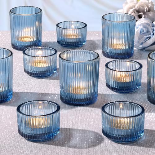 10pcs Ribbed Blue Votive Candle Holders, Assorted Tea Light Candle Holder Glass, Blue Candle Holders for Table