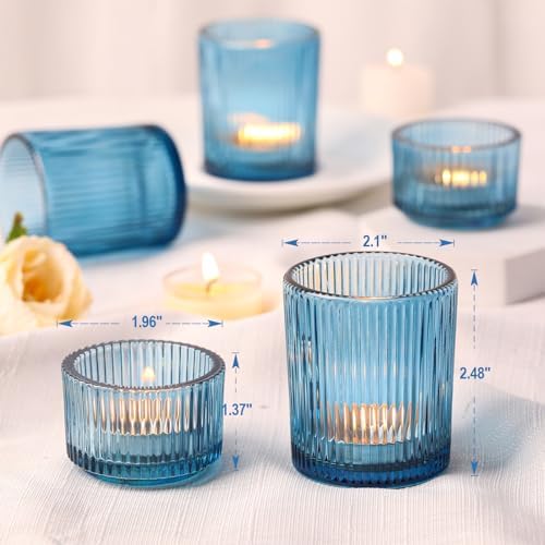 10pcs Ribbed Blue Votive Candle Holders, Assorted Tea Light Candle Holder Glass, Blue Candle Holders for Table, alternate