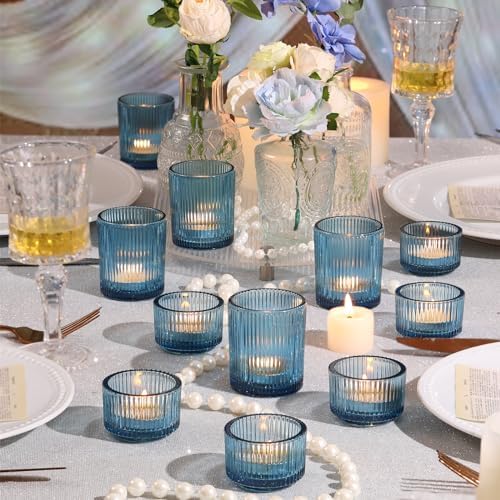 10pcs Ribbed Blue Votive Candle Holders, Assorted Tea Light Candle Holder Glass, Blue Candle Holders for Table, alternate