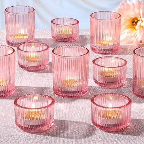 10pcs Ribbed Pink Votive & Tea Light Candle Holders, Assorted Glass Candle Holder for Table Centerpiece