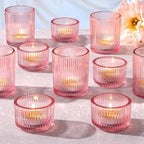 10pcs Ribbed Pink Votive & Tea Light Candle Holders, Assorted Glass Candle Holder for Table Centerpiece