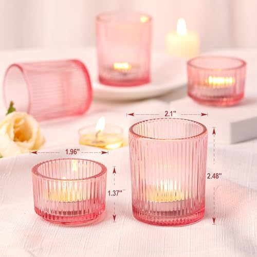 10pcs Ribbed Pink Votive & Tea Light Candle Holders, Assorted Glass Candle Holder for Table Centerpiece, alternate view 2