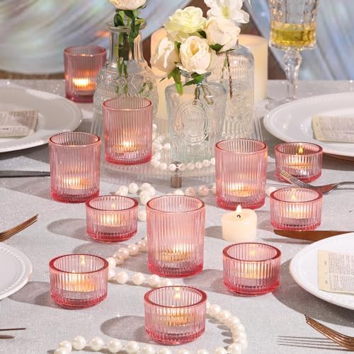 10pcs Ribbed Pink Votive & Tea Light Candle Holders, Assorted Glass Candle Holder for Table Centerpiece, alternate view 4