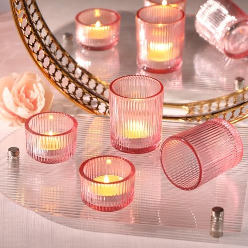 10pcs Ribbed Pink Votive & Tea Light Candle Holders, Assorted Glass Candle Holder for Table Centerpiece, alternate view 6
