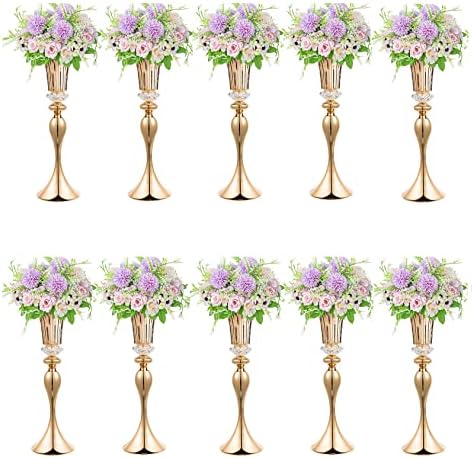 10Pcs/Set Flower Centerpiece Table Decorations Gold Trumpet Vases with Crystal Bead for Wedding Centerpieces