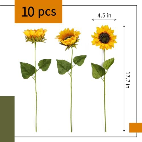 10pcs Sunflowers Artificial Flowers with Long Stem Fake Sunflowers Bulk Fall Decoration for Wedding Home, alternate view 2