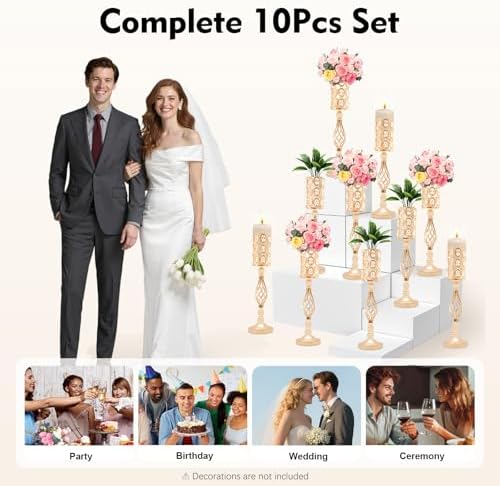 10pcs Vases Wedding Centerpieces Crystal Road Lead Metal Flower Arrangement Stand Flower Vase Holders with, alternate view 3