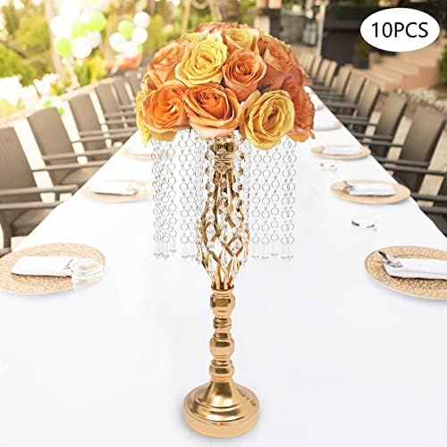 10pcs Wedding Centerpieces for Tables 19.3" H Vase Centerpiece with Chandelier Crystal Metal Flower Stand Gold, alternate