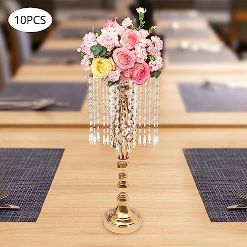 10pcs Wedding Centerpieces for Tables 19.3" H Vase Centerpiece with Chandelier Crystal Metal Flower Stand Gold, alternate