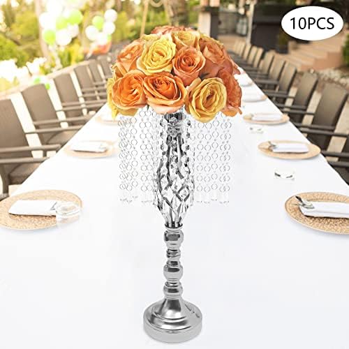 10pcs Wedding Centerpieces for Tables 19.3" H Vase Centerpiece with Chandelier Crystal Metal Flower Stand Silver, alternate