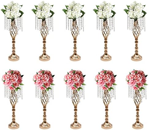 10pcs Wedding Centerpieces for Tables 21.7" H Vase Centerpiece with Chandelier Crystal Metal Flower Stand Gold