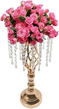 10pcs Wedding Centerpieces for Tables 21.7" H Vase Centerpiece with Chandelier Crystal Metal Flower Stand Gold, alternate