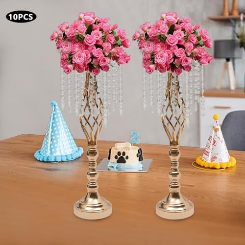 10pcs Wedding Centerpieces for Tables 21.7" H Vase Centerpiece with Chandelier Crystal Metal Flower Stand Gold, alternate