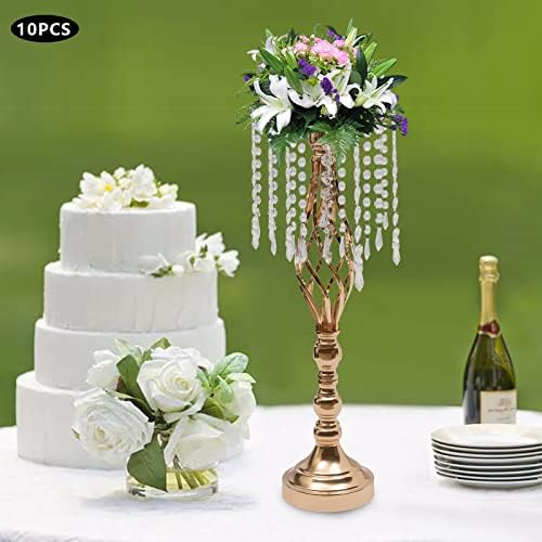 10pcs Wedding Centerpieces for Tables 21.7" H Vase Centerpiece with Chandelier Crystal Metal Flower Stand Gold, alternate