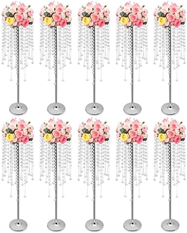 10pcs Wedding Centerpieces for Tables 29.5" H Vase Centerpiece with Chandelier Crystal Metal Flower Stand Silver