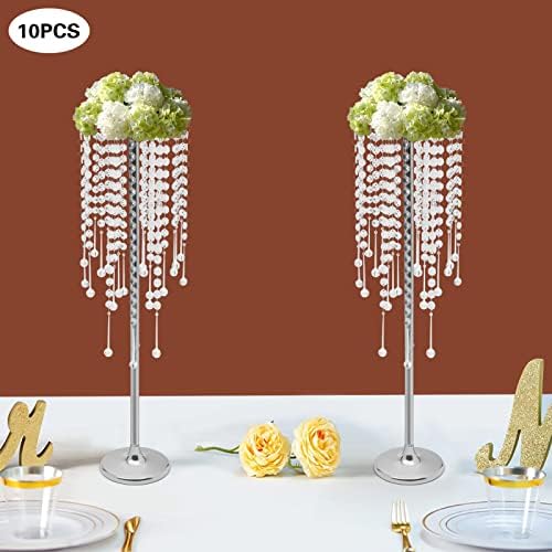10pcs Wedding Centerpieces for Tables 29.5" H Vase Centerpiece with Chandelier Crystal Metal Flower Stand Silver, alternate