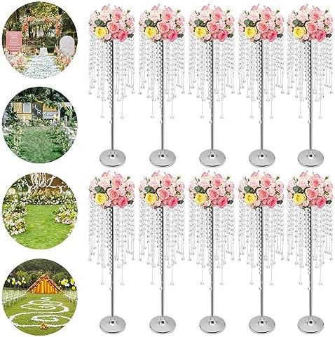 10pcs Wedding Centerpieces for Tables 29.5" H Vase Centerpiece with Chandelier Crystal Metal Flower Stand Silver, alternate