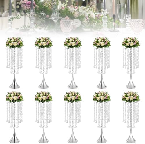 10Pcs Wedding Crystal Flower Stand, 21.9" Silver Centerpiece for Table in Silver