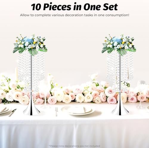 10Pcs Wedding Crystal Flower Stand, 21.9" Silver Centerpiece for Table in Silver, alternate view 2
