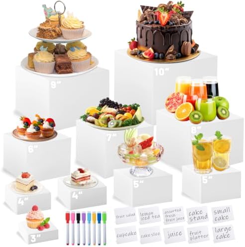 10PCS White Acrylic Buffet Risers with Small Signs and Marks, Food Display Risers for Buffet Table, Dessert
