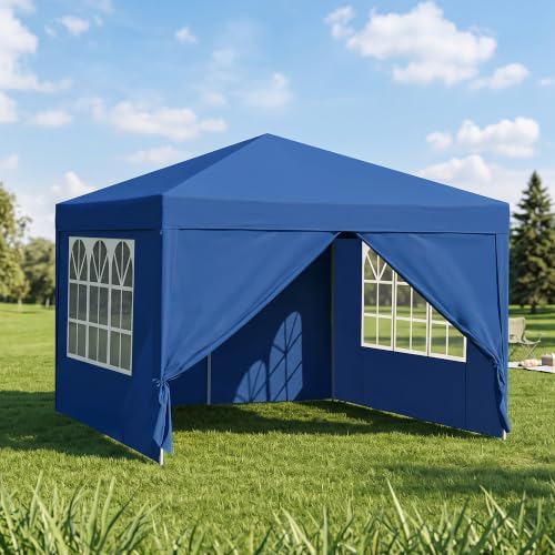 10x10 Blue Pop-Up Awning - Waterproof & UV-Resistant, Featuring 4 Side Walls, Fully Enclosed Shelter, Quick &