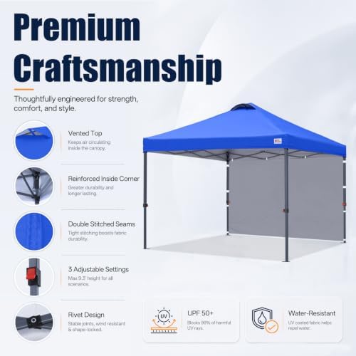 10x10 Durable Pop Up Canopy Tent with 1 Sidewall, Blue in Blue, alternate view 6